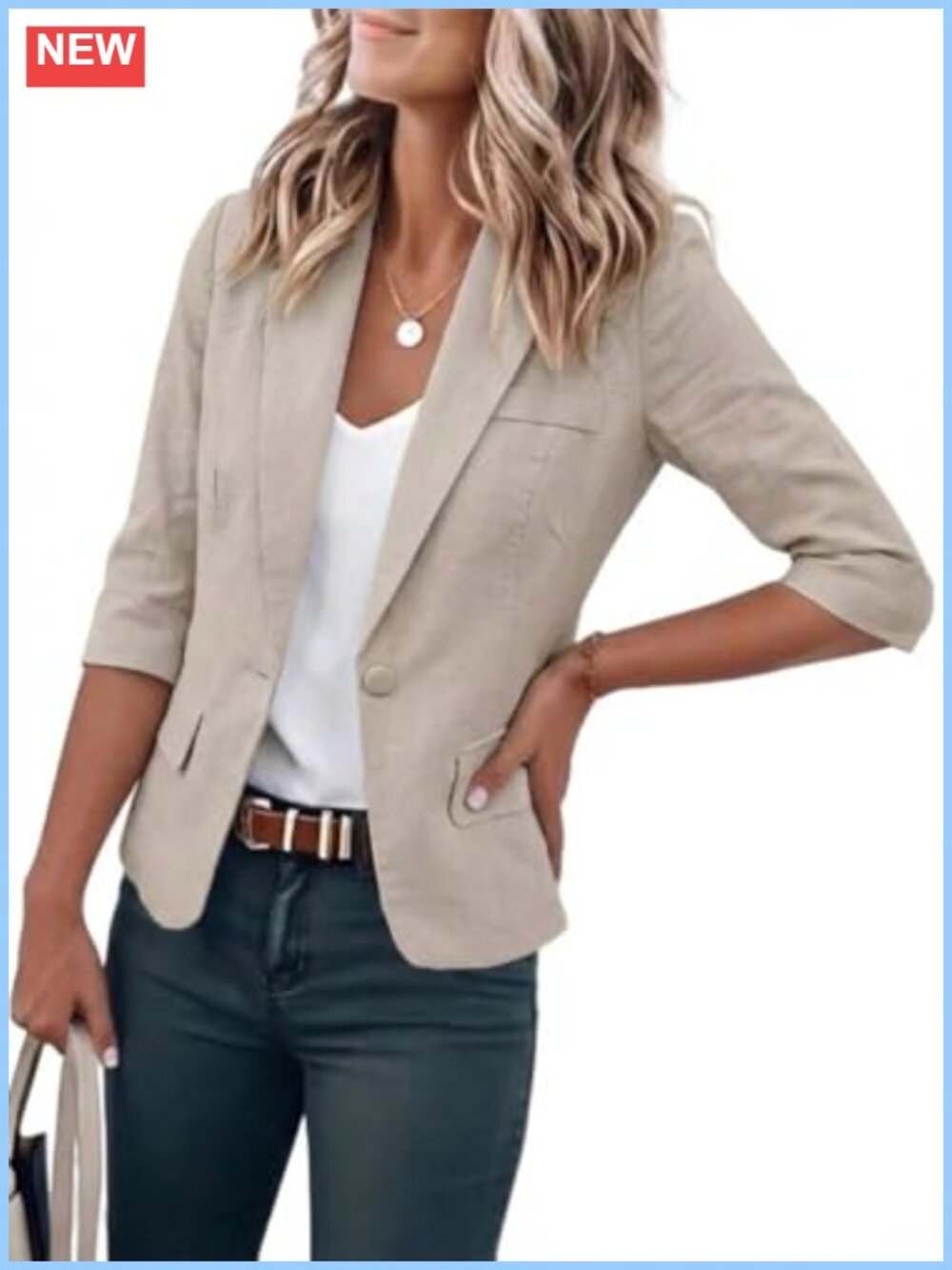 Women's Cropped Cotton Blend Blazer 3/4 Sleeve Casual Lightweight Suit Jacket